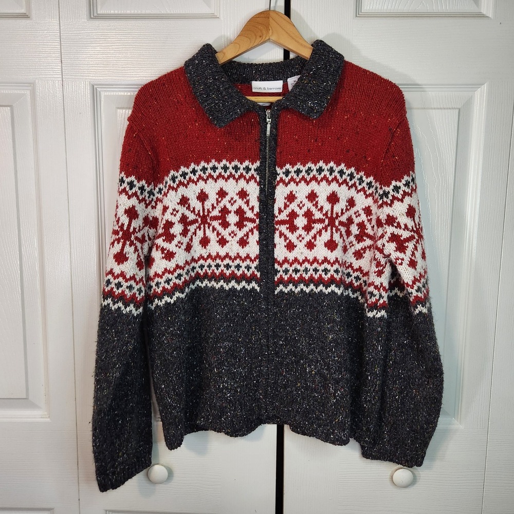 VTG Croft & Barrow XL Full Zip Fair Isle Snowflake Sweater Red Grey Flecked